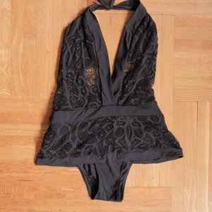 NWOT! JETS Black Lace Plunge Swimsuit Bathing Suit